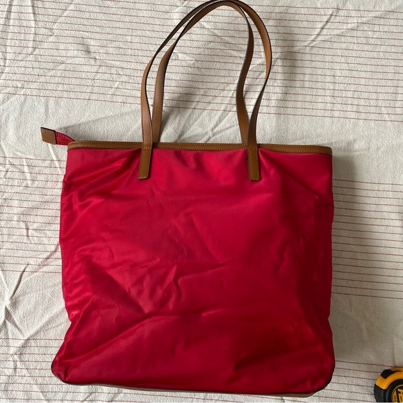 Michael Kors Red Tote Bag with Tan Leather Accents gold accents - Picture 3 of 11
